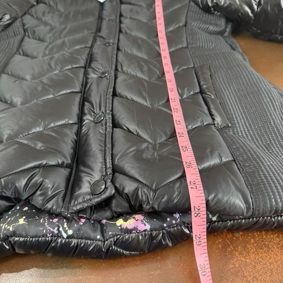 Justice puffer jacket black shimmer water resistant removable hood pockets - Picture 10 of 16